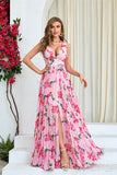 Pink Flower Print plissado uma linha longo vestido de baile com fenda