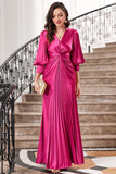 Fuchsia plissado longo vestido de baile com mangas de lanterna