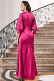 Fuchsia plissado longo vestido de baile com mangas de lanterna