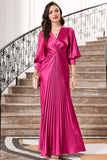 Fuchsia plissado longo vestido de baile com mangas de lanterna