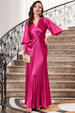 Fuchsia plissado longo vestido de baile com mangas de lanterna