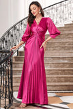 Fuchsia plissado longo vestido de baile com mangas de lanterna