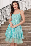 Azul Brilhante Uma Linha Esparguete Correias Sequins Tiered Vestido de Coquetel Curto