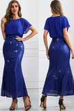 Sparkly Royal Blue Long Batwing Mangas Sereia Vestido de Baile