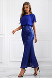 Sparkly Royal Blue Long Batwing Mangas Sereia Vestido de Baile