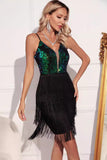 Sparkly Green Preto Franjas Sequins Vestido de Coquetel Curto