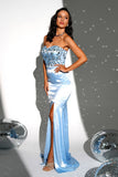 Sparkly Blue Strapless Sereia Vestido Longo Baile de Formatura com Fenda