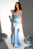 Sparkly Blue Strapless Sereia Vestido Longo Baile de Formatura com Fenda