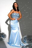 Sparkly Blue Strapless Sereia Vestido Longo Baile de Formatura com Fenda