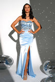 Sparkly Blue Strapless Sereia Vestido Longo Baile de Formatura com Fenda