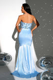 Sparkly Blue Strapless Sereia Vestido Longo Baile de Formatura com Fenda