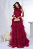 Borgonha Halter Tiered Tule Uma Linha Long Prom Dress