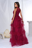 Borgonha Halter Tiered Tule Uma Linha Long Prom Dress