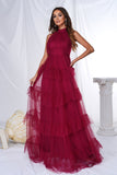 Borgonha Halter Tiered Tule Uma Linha Long Prom Dress