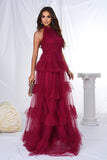 Borgonha Halter Tiered Tule Uma Linha Long Prom Dress