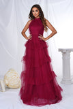 Borgonha Halter Tiered Tule Uma Linha Long Prom Dress