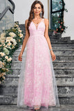 Sparkly Pink Uma Linha V-Neck Prom Dress