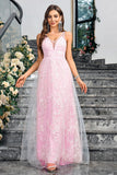 Sparkly Pink Uma Linha V-Neck Prom Dress