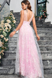 Sparkly Pink Uma Linha V-Neck Prom Dress