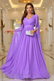 Roxo Uma Linha V Pescoço Mangas Longas Chiffon Prom Dress