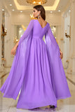 Roxo Uma Linha V Pescoço Mangas Longas Chiffon Prom Dress