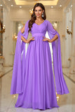 Roxo Uma Linha V Pescoço Mangas Longas Chiffon Prom Dress