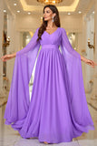 Roxo Uma Linha V Pescoço Mangas Longas Chiffon Prom Dress