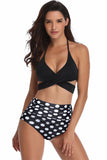 Preto e Branco Polka Dots Halter Criss Cross Duas Peças Bikini Swimsuit