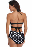 Preto e Branco Polka Dots Halter Criss Cross Duas Peças Bikini Swimsuit