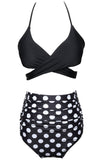 Preto e Branco Polka Dots Halter Criss Cross Duas Peças Bikini Swimsuit