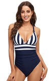 Navy Strip Cintura Alta Controle de Barriga One-Piece Swimsuit