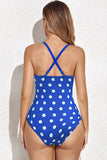 Chic Blue White Dot Cut out Cintura Alta One Piece Swimsuit