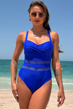 Alças Esparguete Azul Criss Cross Hollow out Tummy Control One Piece Maiô