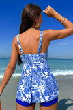 Summer Beach Blue V Neck Print Vest Estilo Tankini Swimsuit