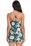 Tropical Print Cut out Drawstring Side One Piece maiô