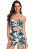 Tropical Print Cut out Drawstring Side One Piece maiô