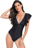 Black Deep V-Neck One-Piece Tummy Control Swimsuit com manga de babados