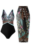 Flor preta 2-Piece Boho Push Up Print Halter Strap maiôs