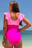 Hot Pink Color Block Criss Cross High Waisted One Piece maisuits com manga de babado