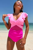 Hot Pink Color Block Criss Cross High Waisted One Piece maisuits com manga de babado