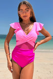 Hot Pink Color Block Criss Cross High Waisted One Piece maisuits com manga de babado