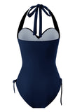 Navy Halter Drawstring Ruched Criss Cross Solid Color One-Piece Swimsuit