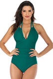 Green Deep V Neck Halter Tummy Control One Piece Maiô