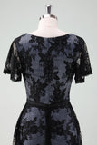 Vestido de Coro Midi de Mangas Curtas em Renda Preto