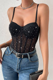 Sparkly Preto Esparguete Correias Corset Bodysuit