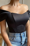 Preto Off the Shoulder Satin Corset Bustier Top