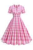 Preto V Neck Plaid Vintage 1950s Vestido