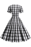 Preto V Neck Plaid Vintage 1950s Vestido