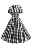 Preto V Neck Plaid Vintage 1950s Vestido