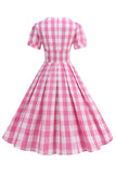 Preto V Neck Plaid Vintage 1950s Vestido